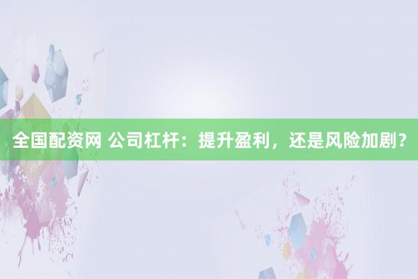 全国配资网 公司杠杆：提升盈利，还是风险加剧？